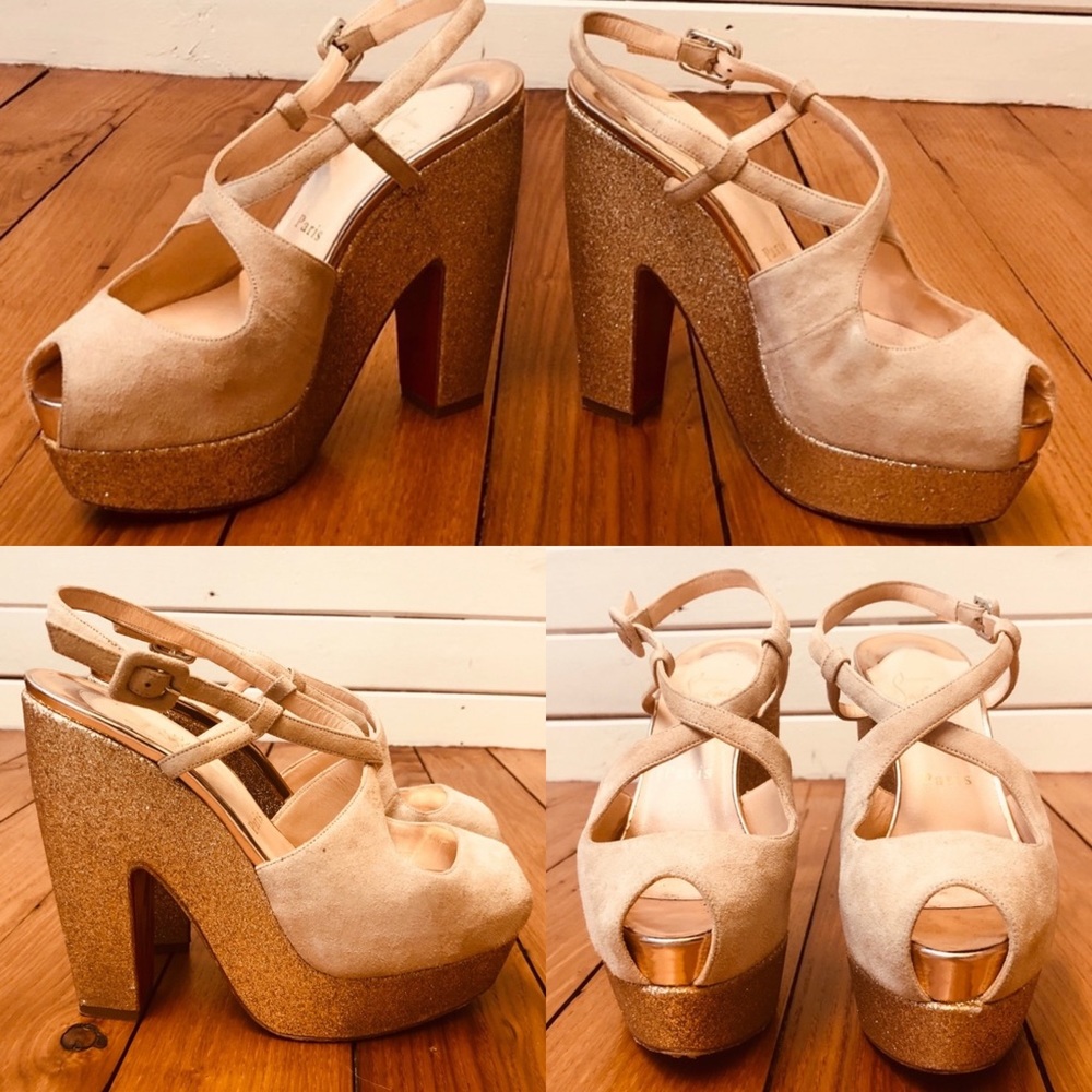Preowned Christian Louboutin Pink Velvet Gold Shoe